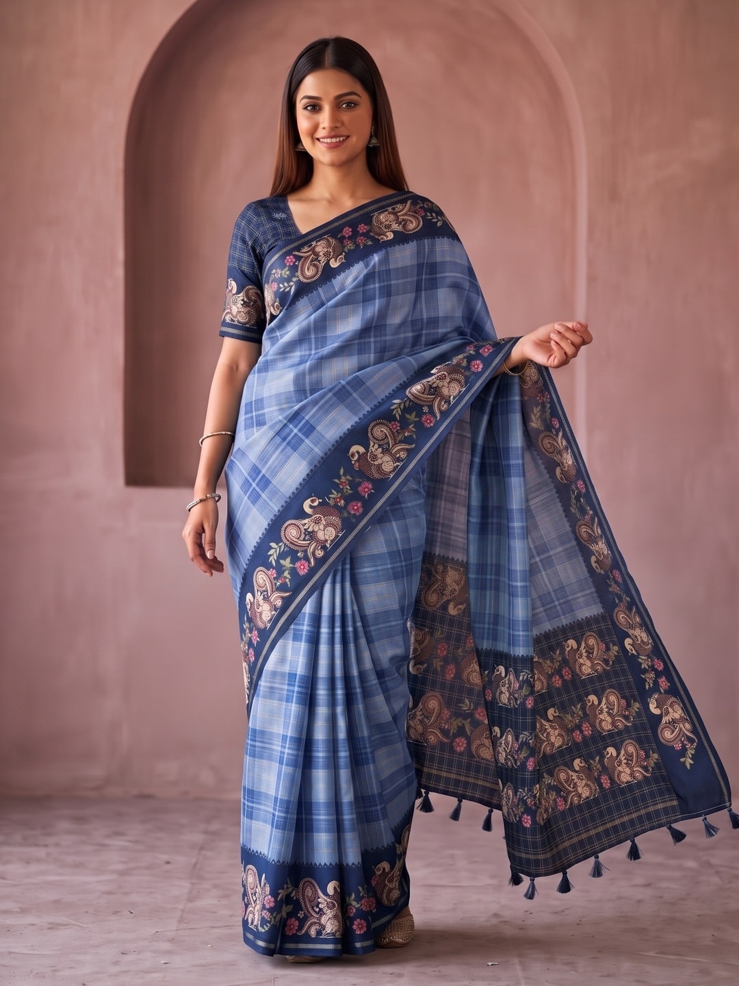 Peachmode Steel Blue Kalamkari Peacock Border Check Tussar Saree With Tassels - Image 1