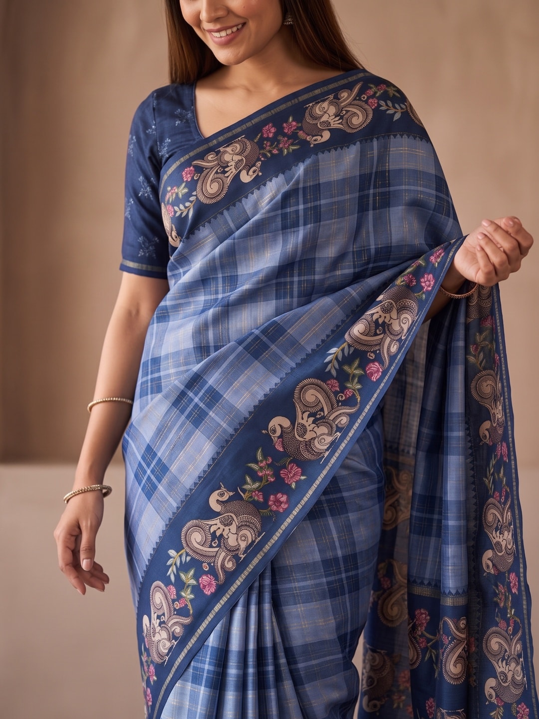 Peachmode Steel Blue Kalamkari Peacock Border Check Tussar Saree With Tassels - Image 5