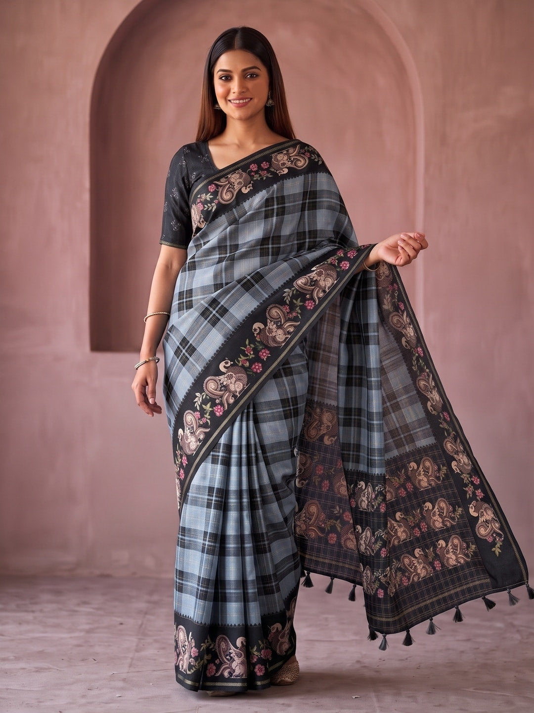 Peachmode Grey Kalamkari Peacock Border Check Tussar Saree With Tassels - Image 1