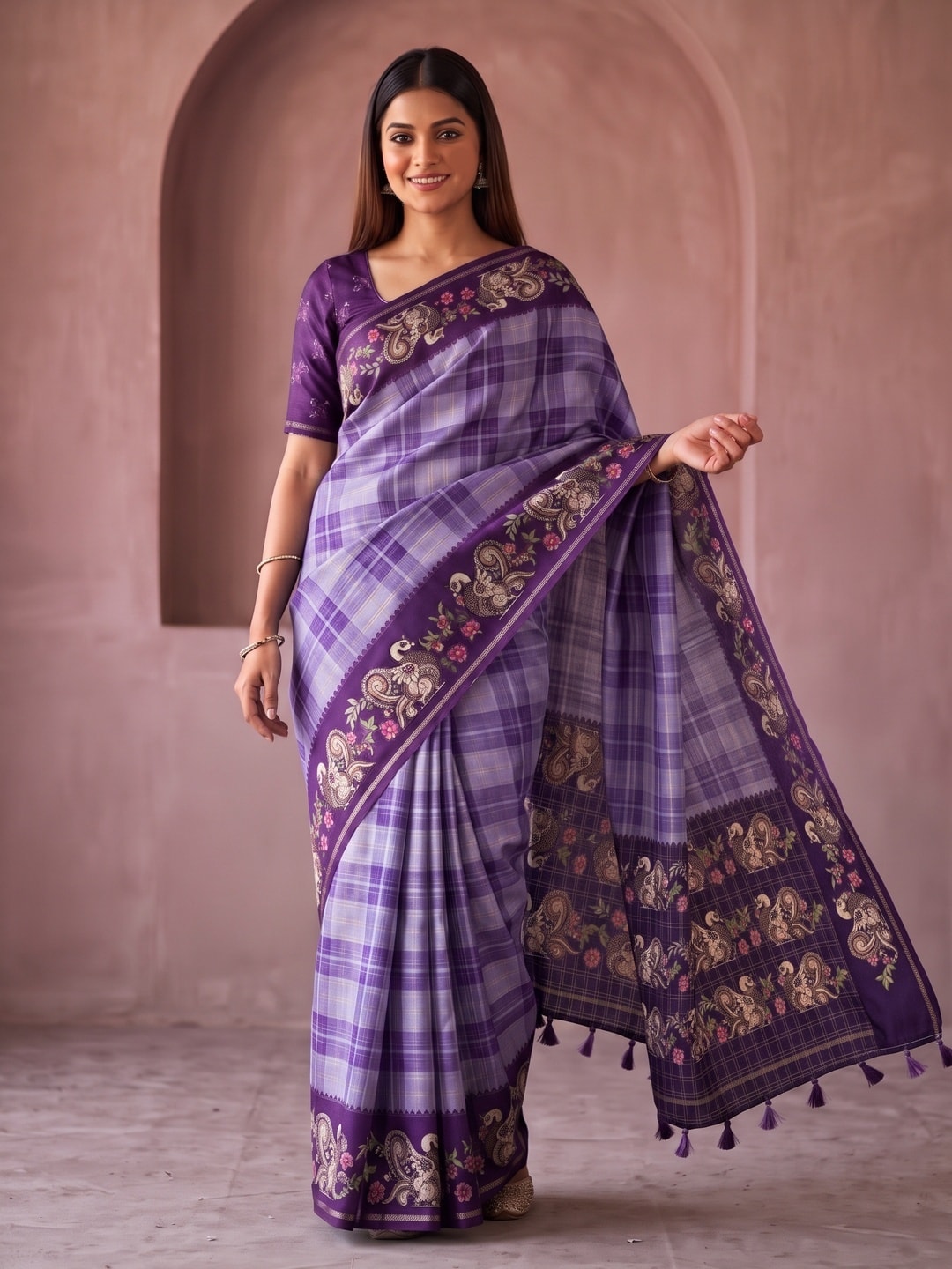 Peachmode Lavender Kalamkari Peacock Border Check Tussar Saree With Tassels - Image 1