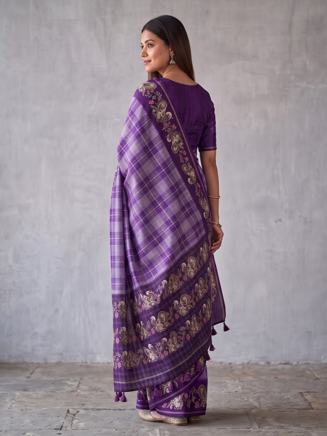 Peachmode Lavender Kalamkari Peacock Border Check Tussar Saree With Tassels - Image 2