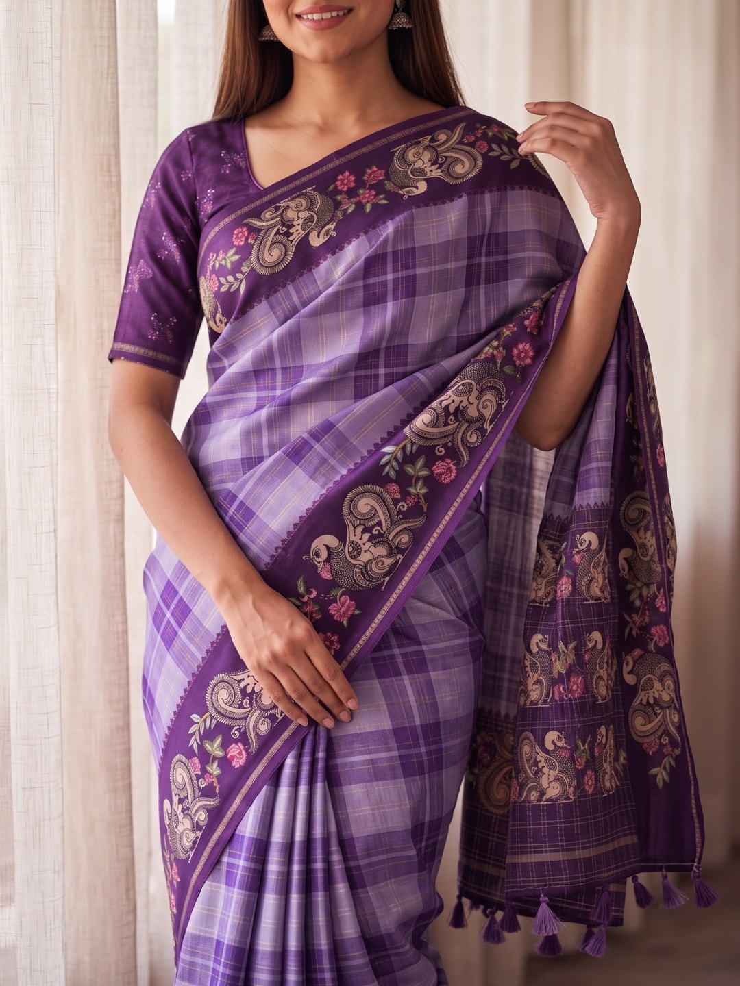 Peachmode Lavender Kalamkari Peacock Border Check Tussar Saree With Tassels - Image 5