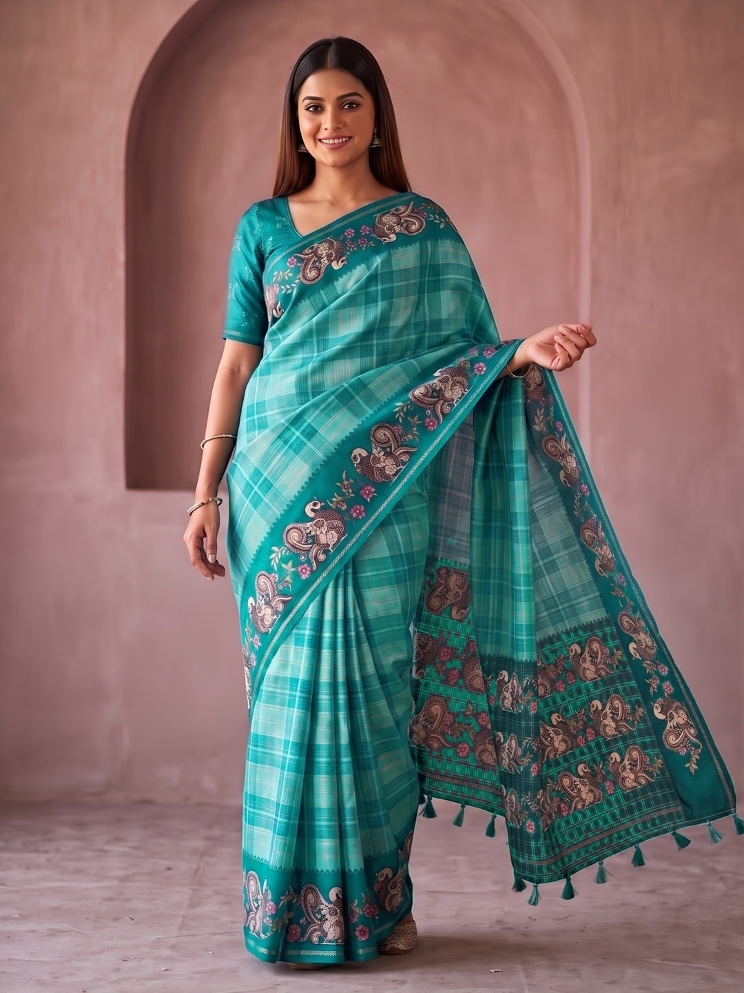 Peachmode Sea Green Kalamkari Peacock Border Check Tussar Saree With Tassels - Image 1