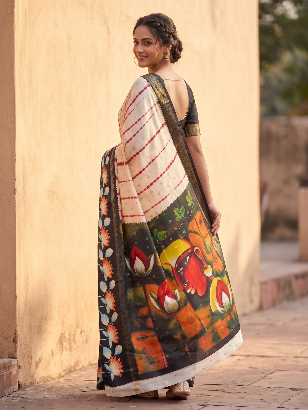 Peachmode Cream Soft Cotton Butti Zari Jacquard Saree With Satin Border And Kalamkari Lotus Print - Image 2