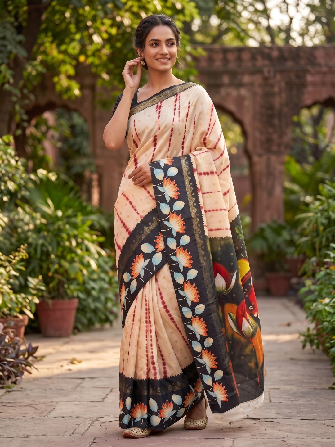 Peachmode Cream Soft Cotton Butti Zari Jacquard Saree With Satin Border And Kalamkari Lotus Print - Image 4