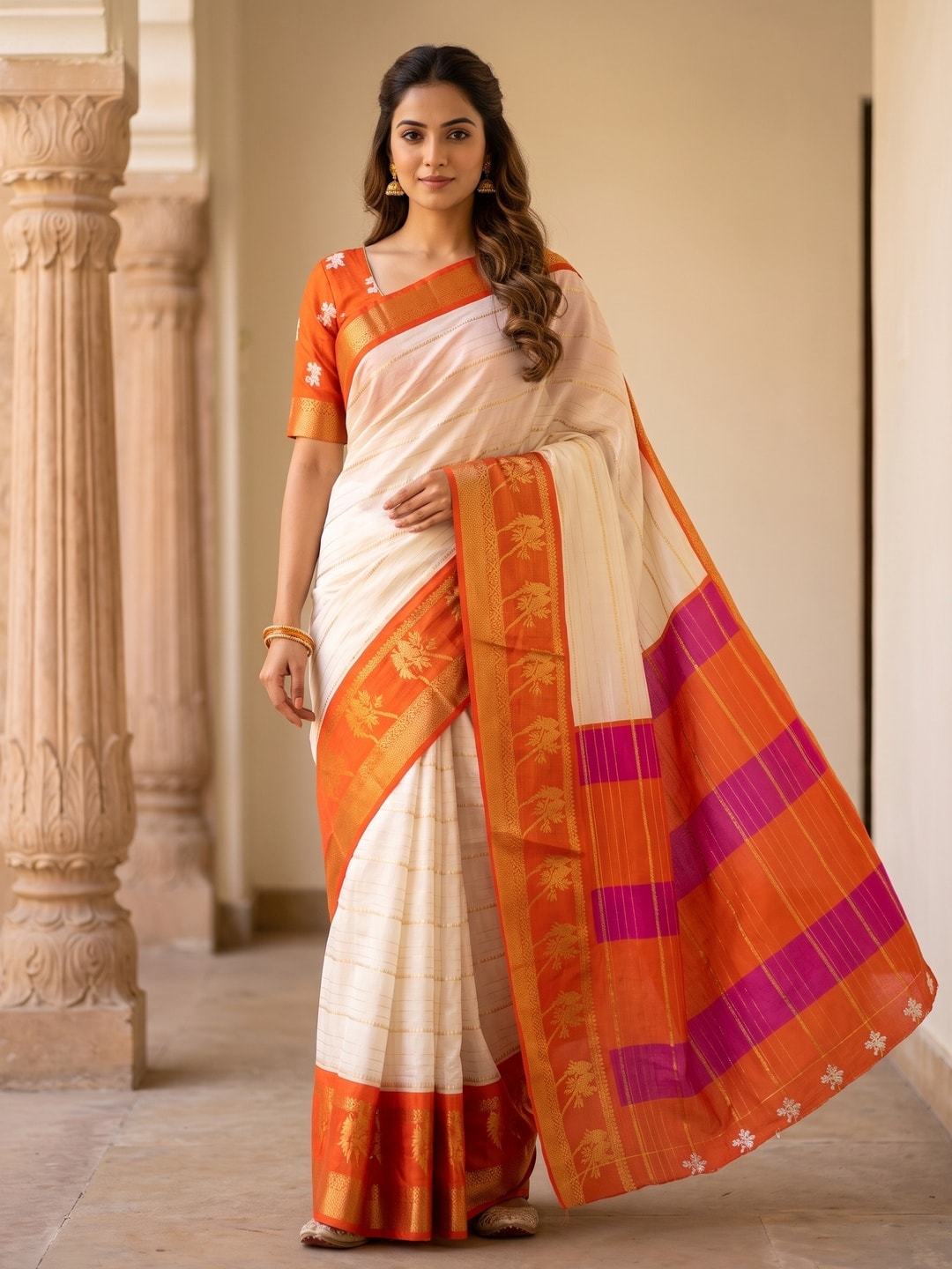 Peachmode Cream Soft Cotton Mangalsutra Weave Zari Jacquard Saree With Chap-Dyed Print Pallu - Image 1