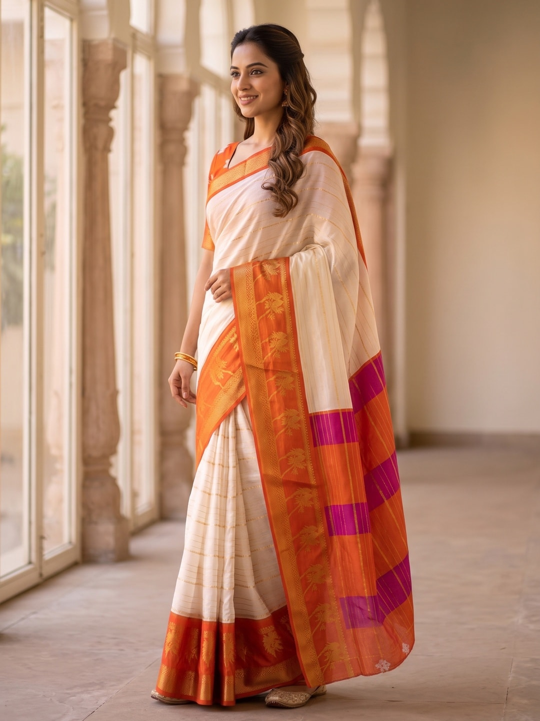 Peachmode Cream Soft Cotton Mangalsutra Weave Zari Jacquard Saree With Chap-Dyed Print Pallu - Image 3