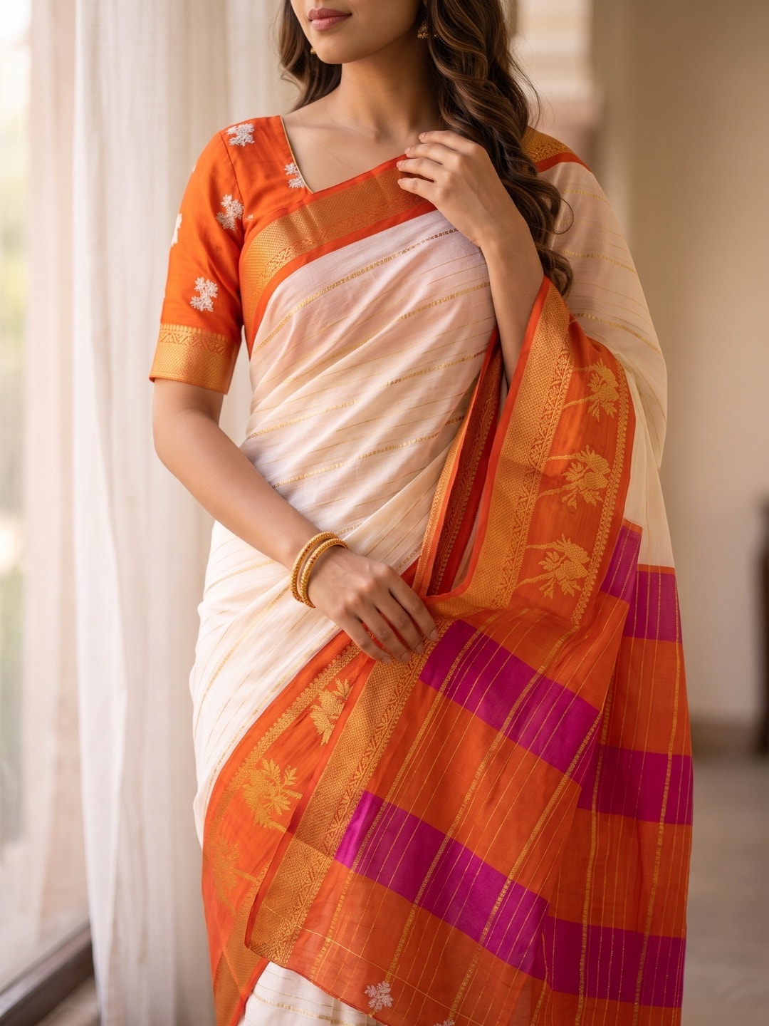 Peachmode Cream Soft Cotton Mangalsutra Weave Zari Jacquard Saree With Chap-Dyed Print Pallu - Image 5