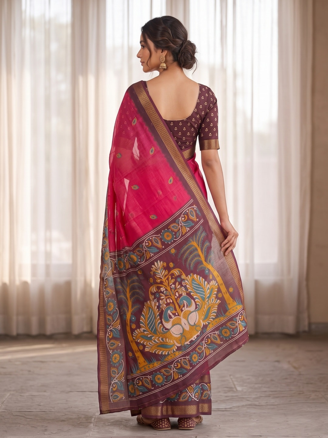 Peachmode Pink Soft Moss Georgette Saree With Bentex Zari Jacquard Border And Kalamkari Peacock Pallu - Image 2