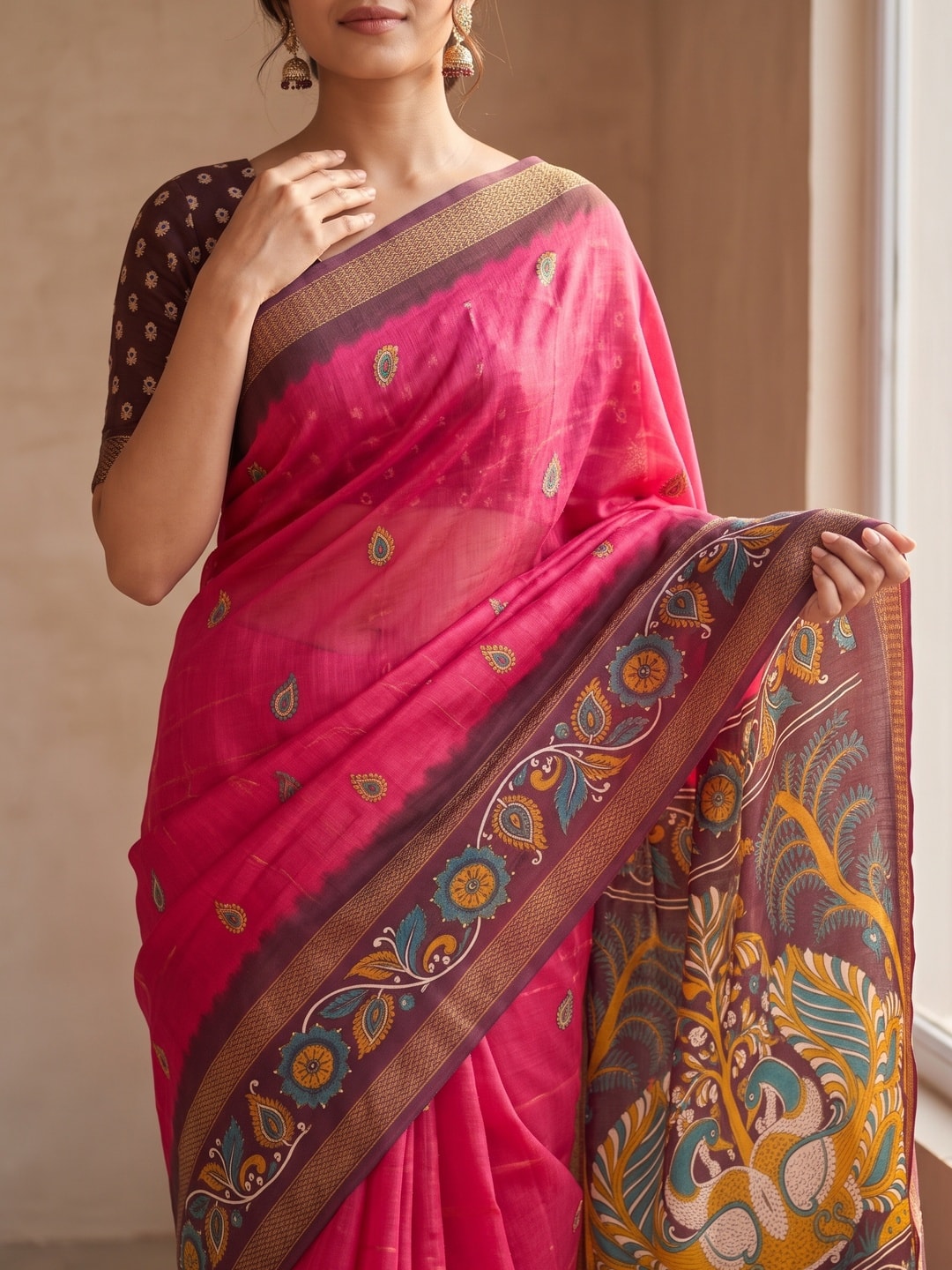 Peachmode Pink Soft Moss Georgette Saree With Bentex Zari Jacquard Border And Kalamkari Peacock Pallu - Image 5