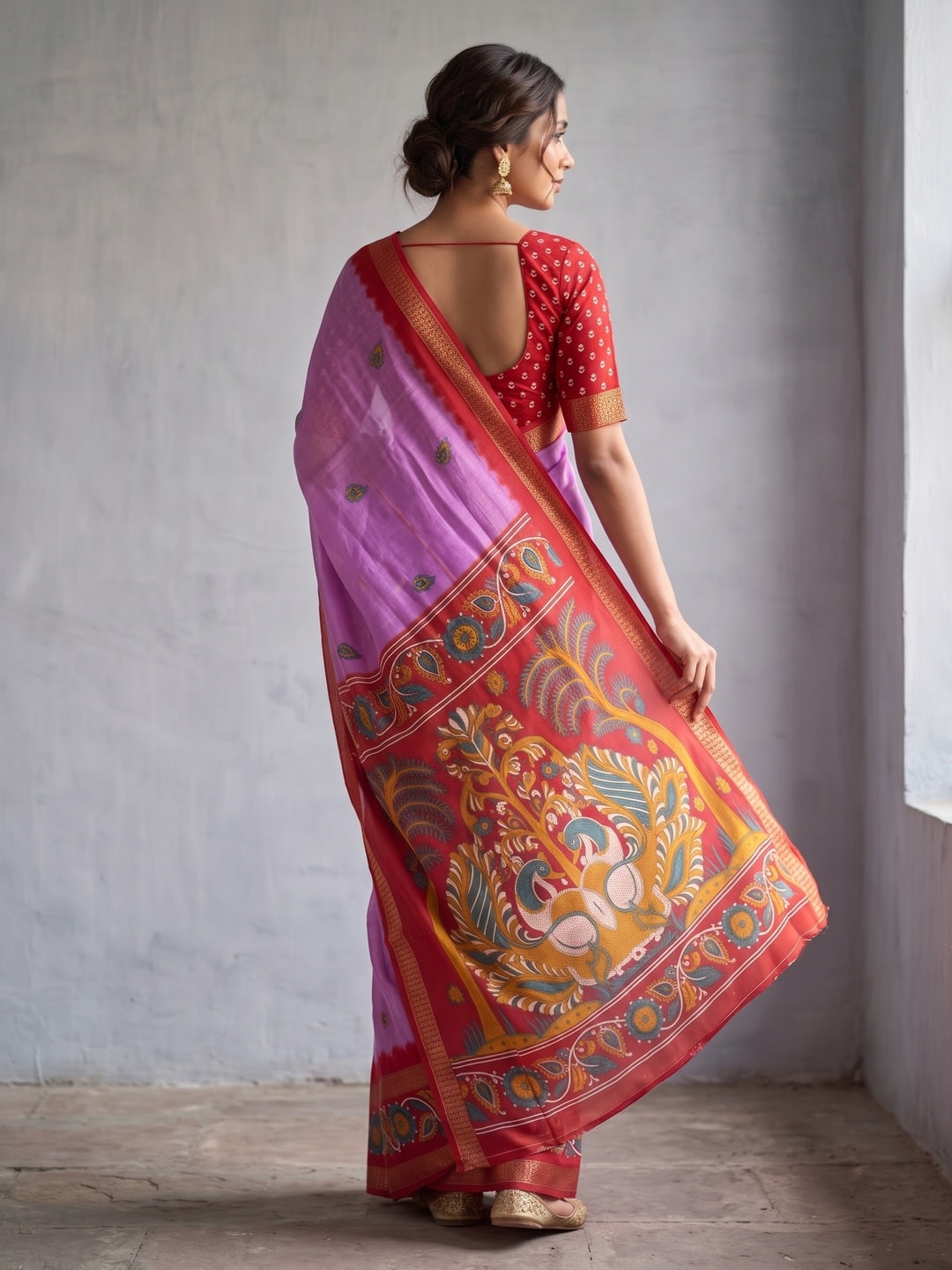 Peachmode Lilac Soft Moss Georgette Saree With Bentex Zari Jacquard Border And Kalamkari Peacock Pallu - Image 2