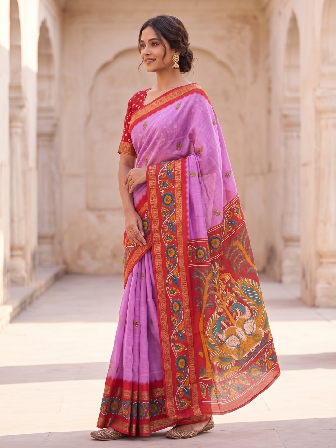 Peachmode Lilac Soft Moss Georgette Saree With Bentex Zari Jacquard Border And Kalamkari Peacock Pallu - Image 3