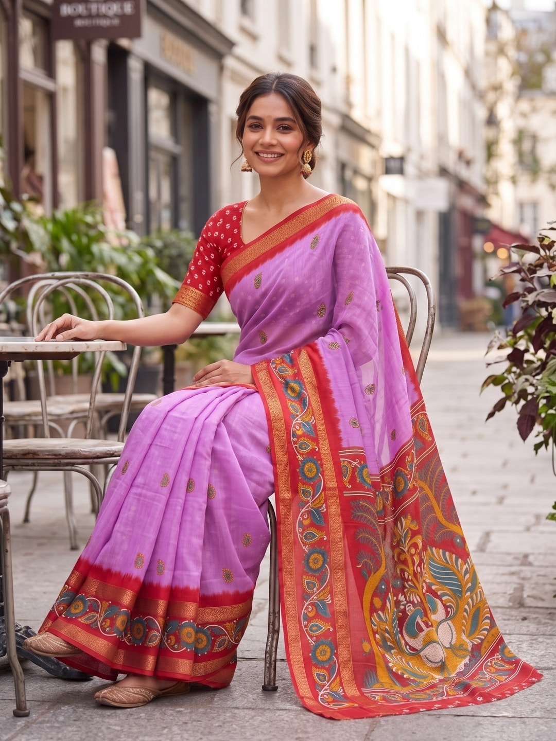 Peachmode Lilac Soft Moss Georgette Saree With Bentex Zari Jacquard Border And Kalamkari Peacock Pallu - Image 4