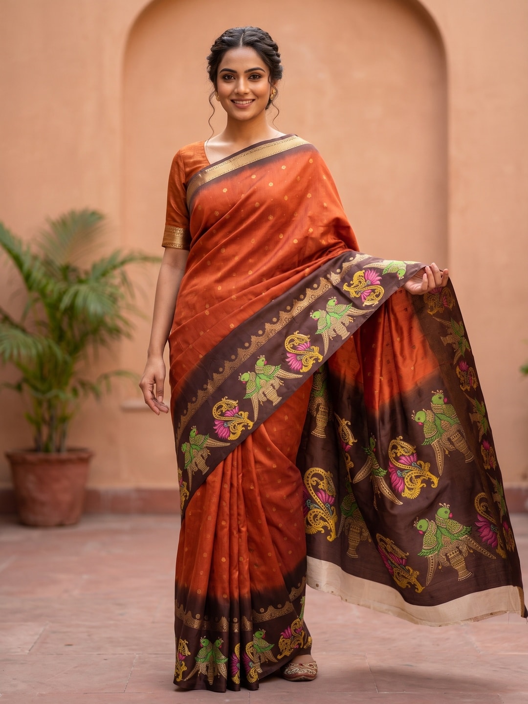 Peachmode Orange Soft Cotton Butti Zari Jacquard Saree With Satin Border And Kalamkari Parrot Print - Image 1