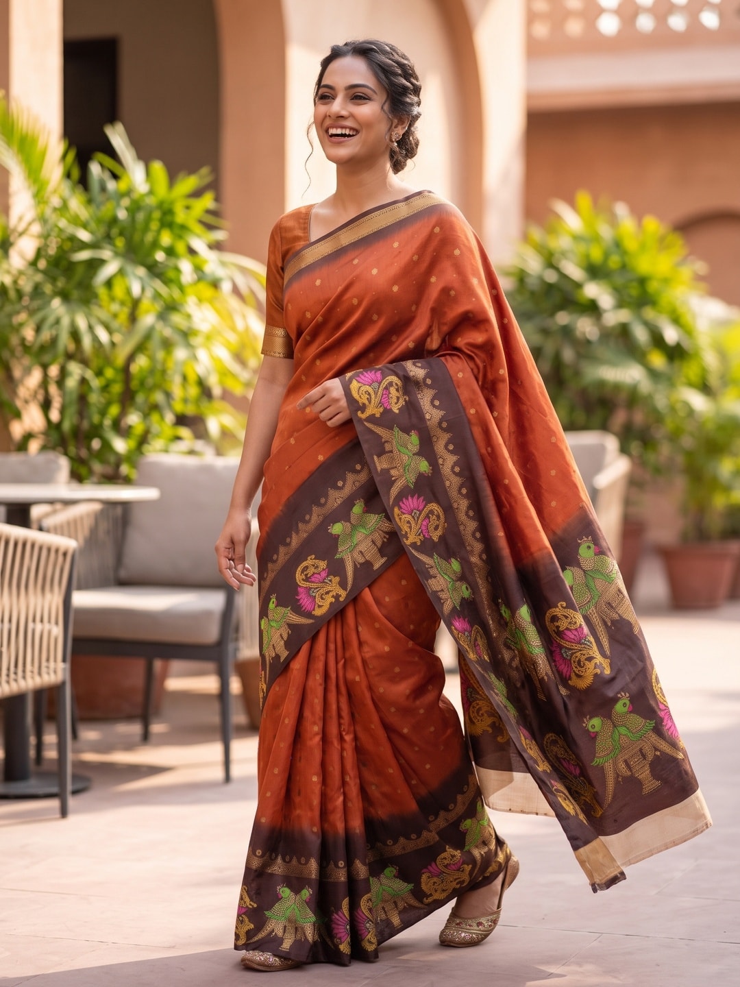Peachmode Orange Soft Cotton Butti Zari Jacquard Saree With Satin Border And Kalamkari Parrot Print - Image 4