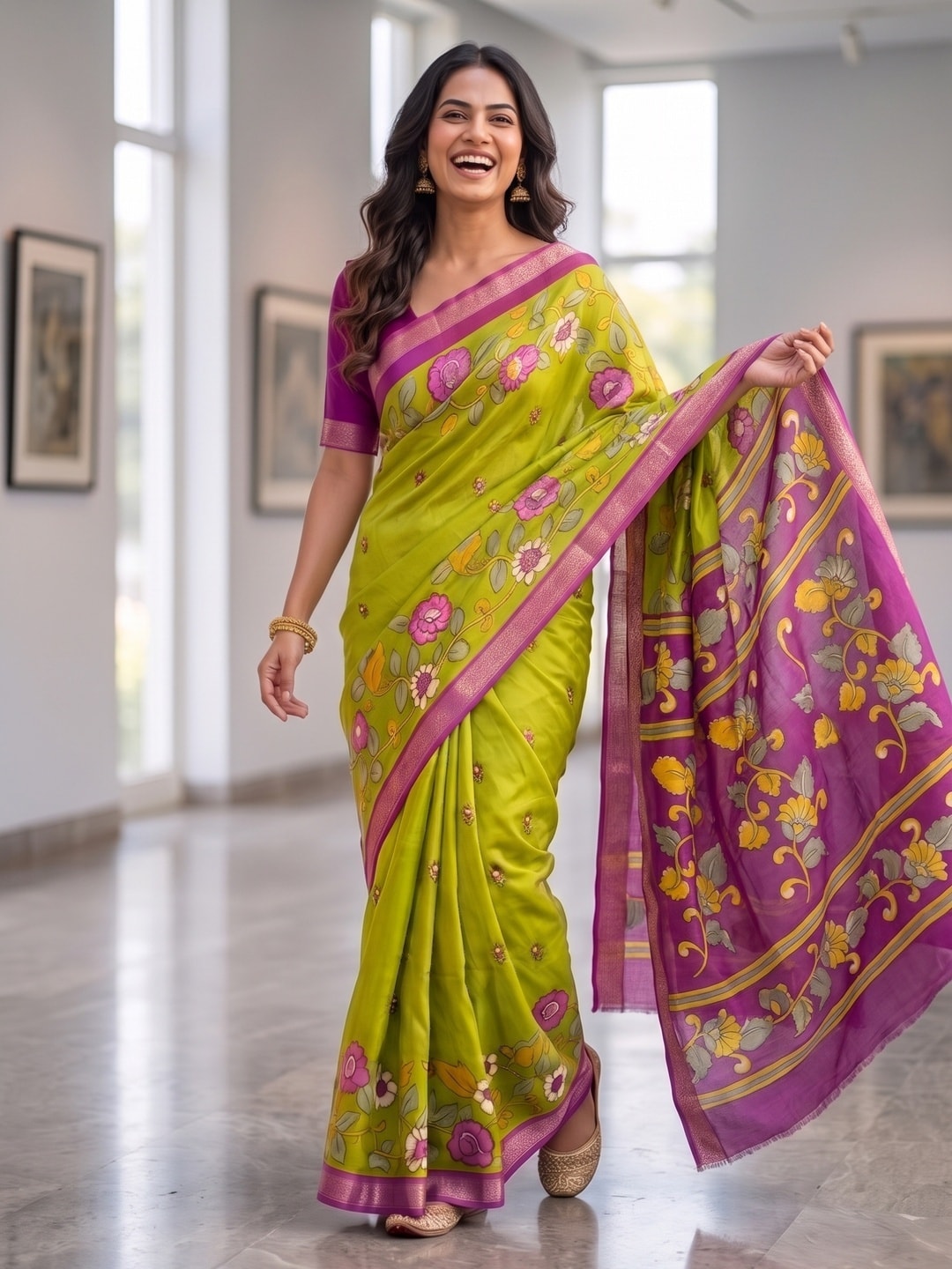 Peachmode Lime Soft Moss Georgette Kasab Zari Jacquard Saree With Silky Floral Design - Image 1