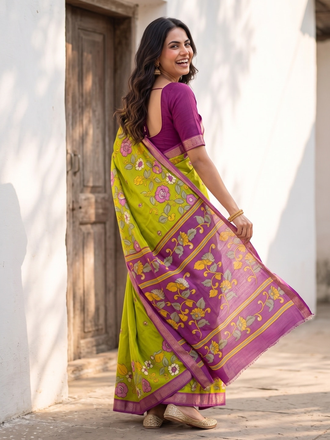 Peachmode Lime Soft Moss Georgette Kasab Zari Jacquard Saree With Silky Floral Design - Image 2