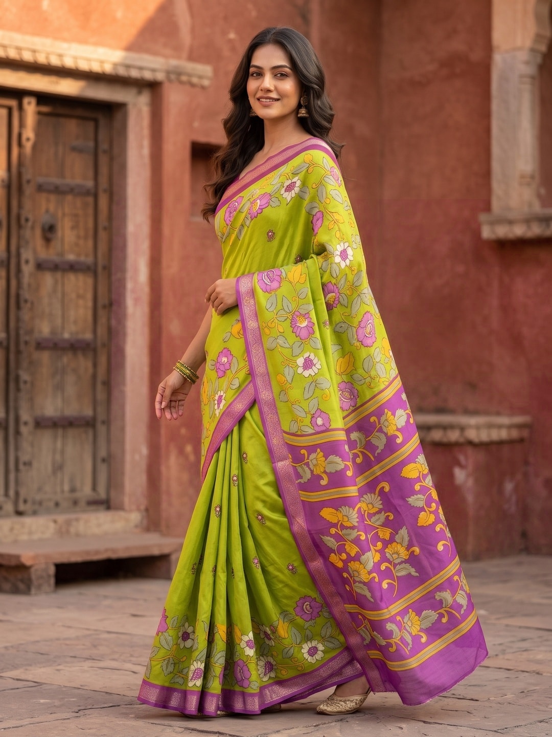 Peachmode Lime Soft Moss Georgette Kasab Zari Jacquard Saree With Silky Floral Design - Image 3