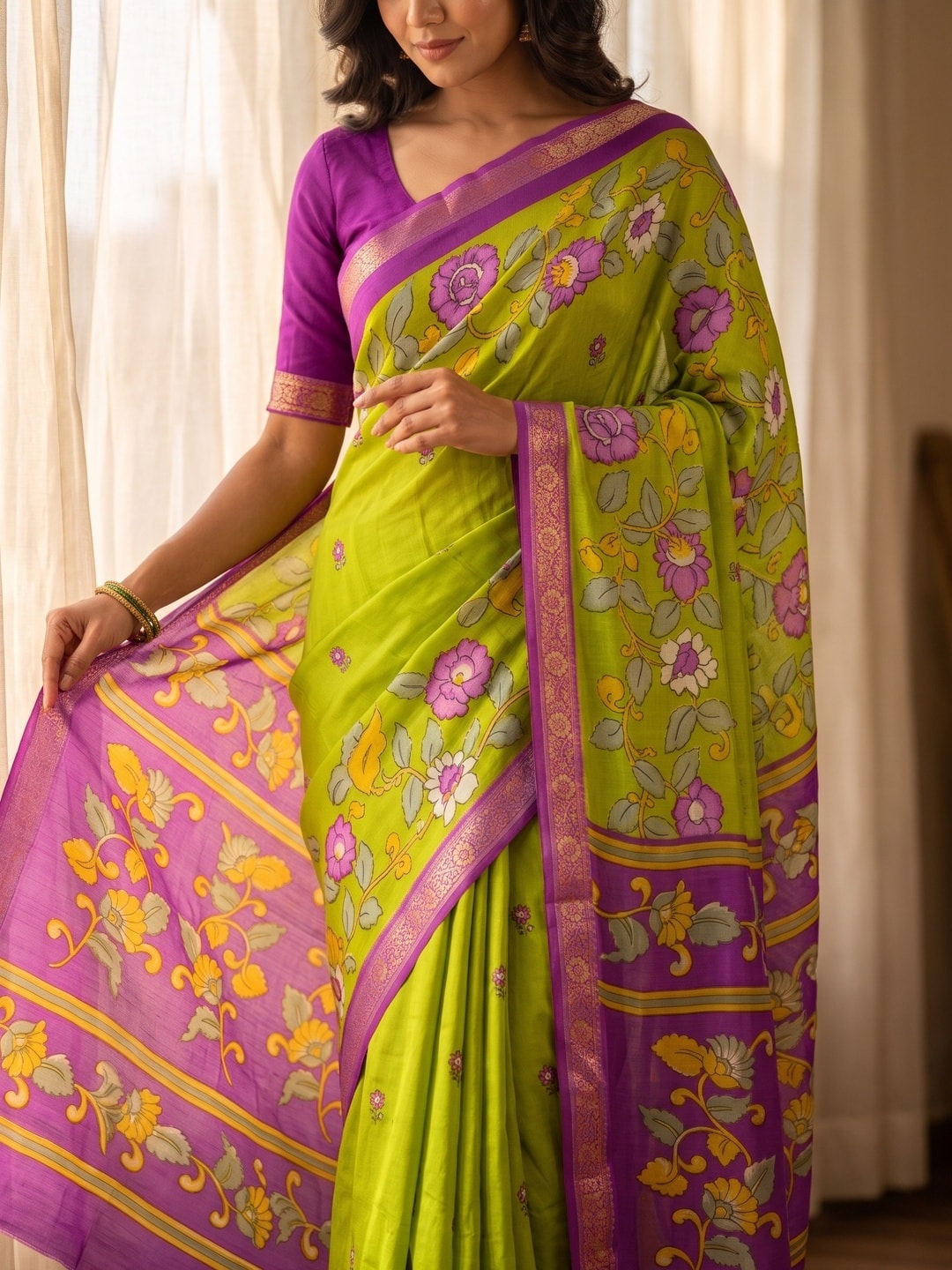 Peachmode Lime Soft Moss Georgette Kasab Zari Jacquard Saree With Silky Floral Design - Image 5