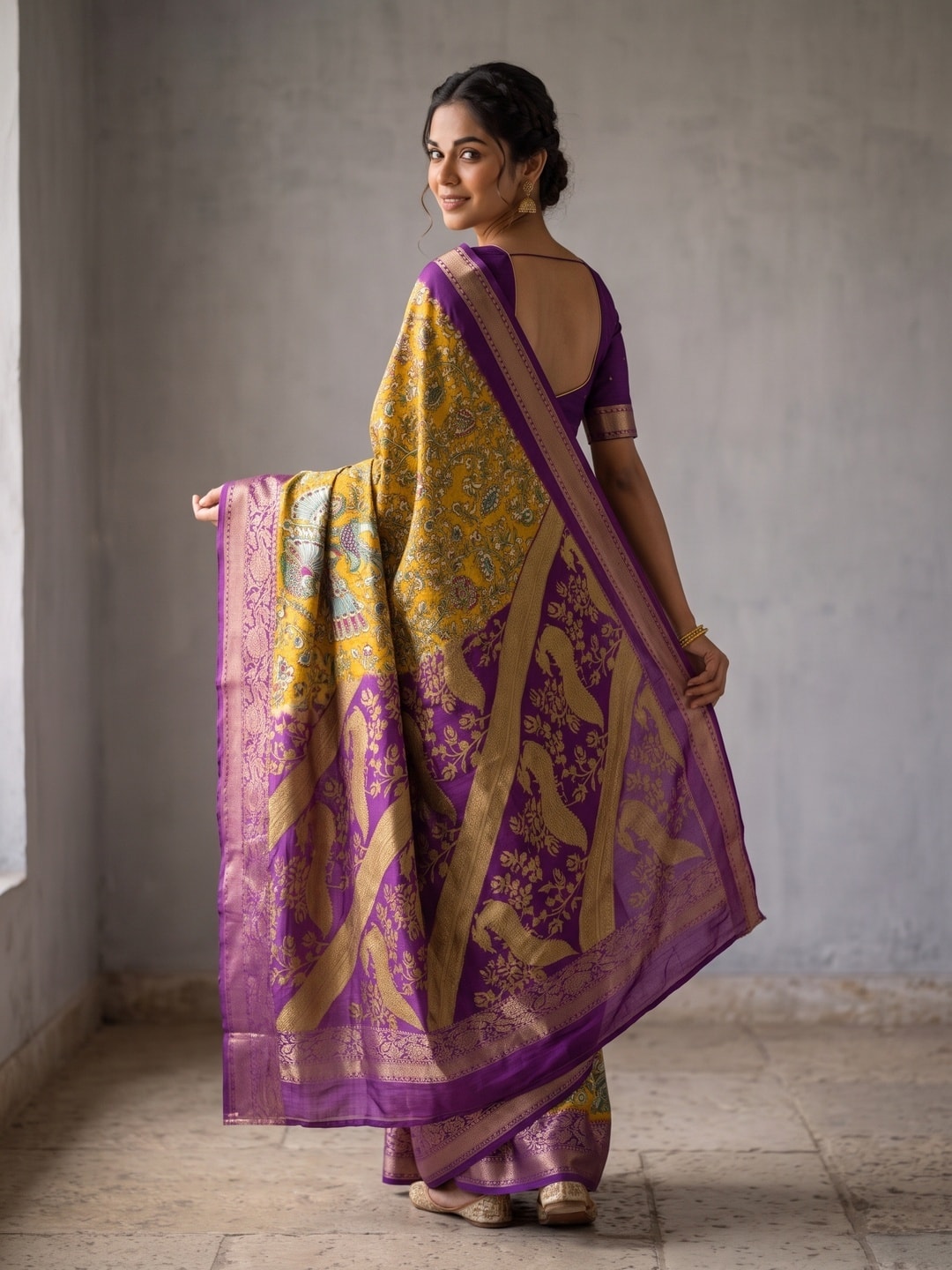 Peachmode Mustard Soft Cotton Zari Jacquard Saree With Kalamkari Print - Image 2