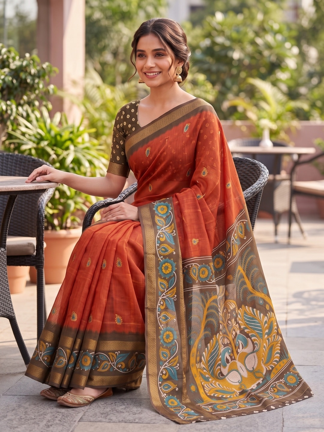 Peachmode Orange Soft Moss Georgette Saree With Bentex Zari Jacquard Border And Kalamkari Peacock Pallu - Image 4
