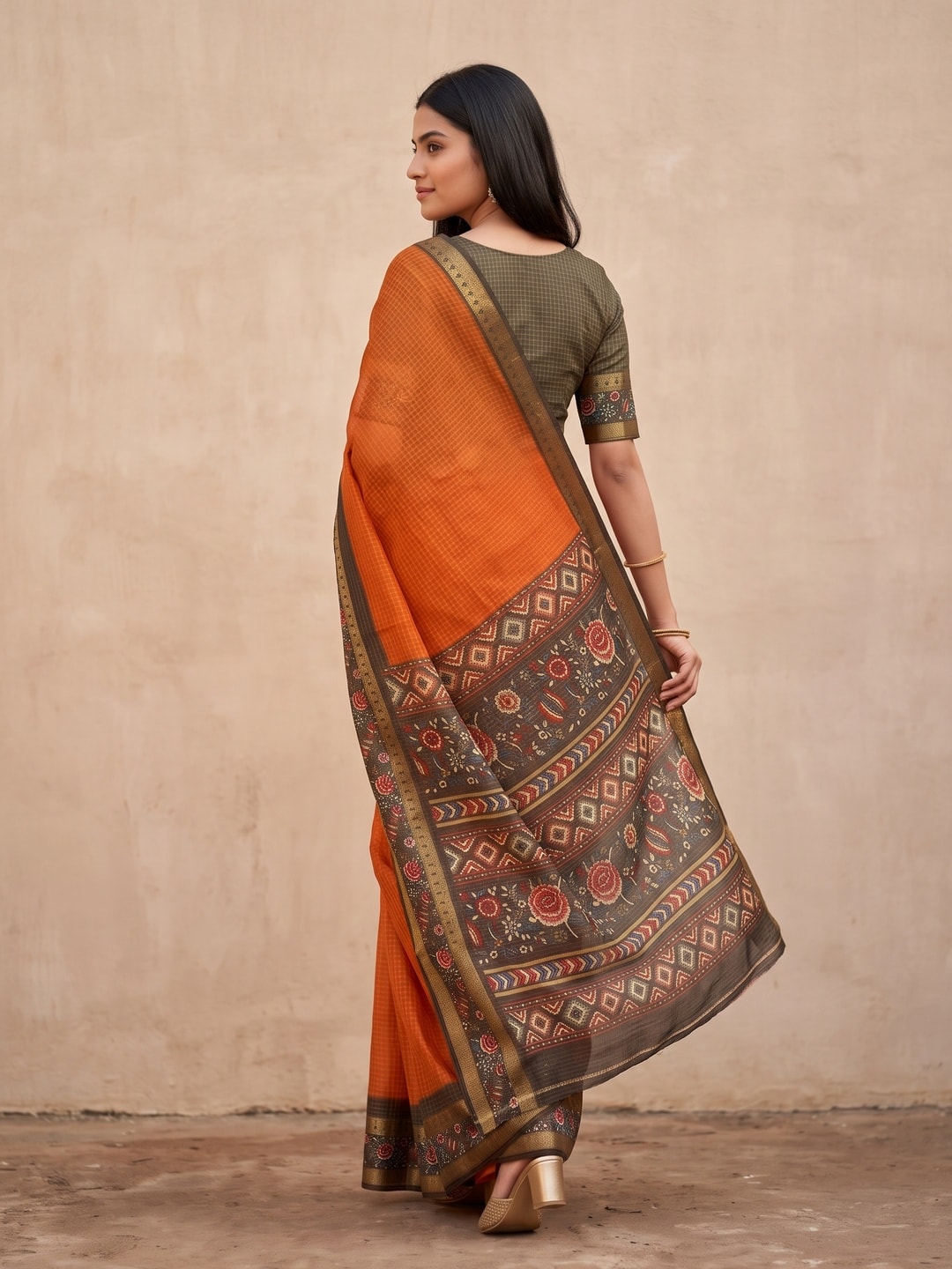 Peachmode Orange Soft Cotton Bentex Chex Zari Jacquard Saree With Embroidery-Style Print Pallu - Image 2