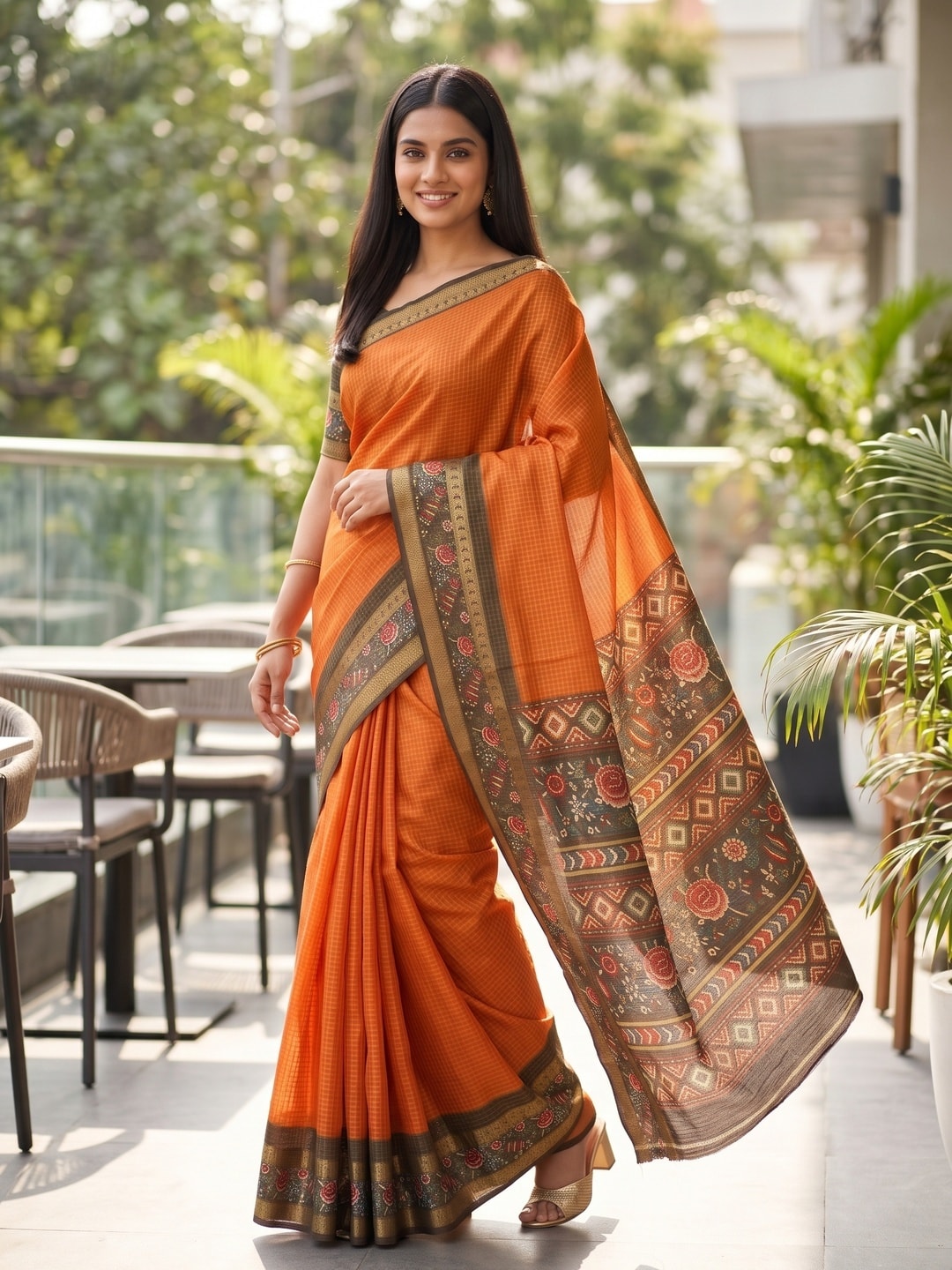 Peachmode Orange Soft Cotton Bentex Chex Zari Jacquard Saree With Embroidery-Style Print Pallu - Image 4
