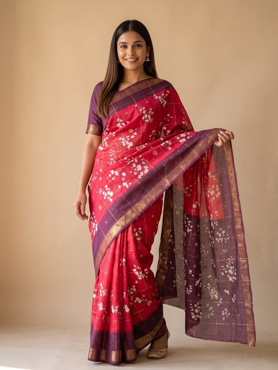Peachmode Red Soft Cotton Chex Butti Zari Jacquard Saree With Silky Floral Print - Image 1