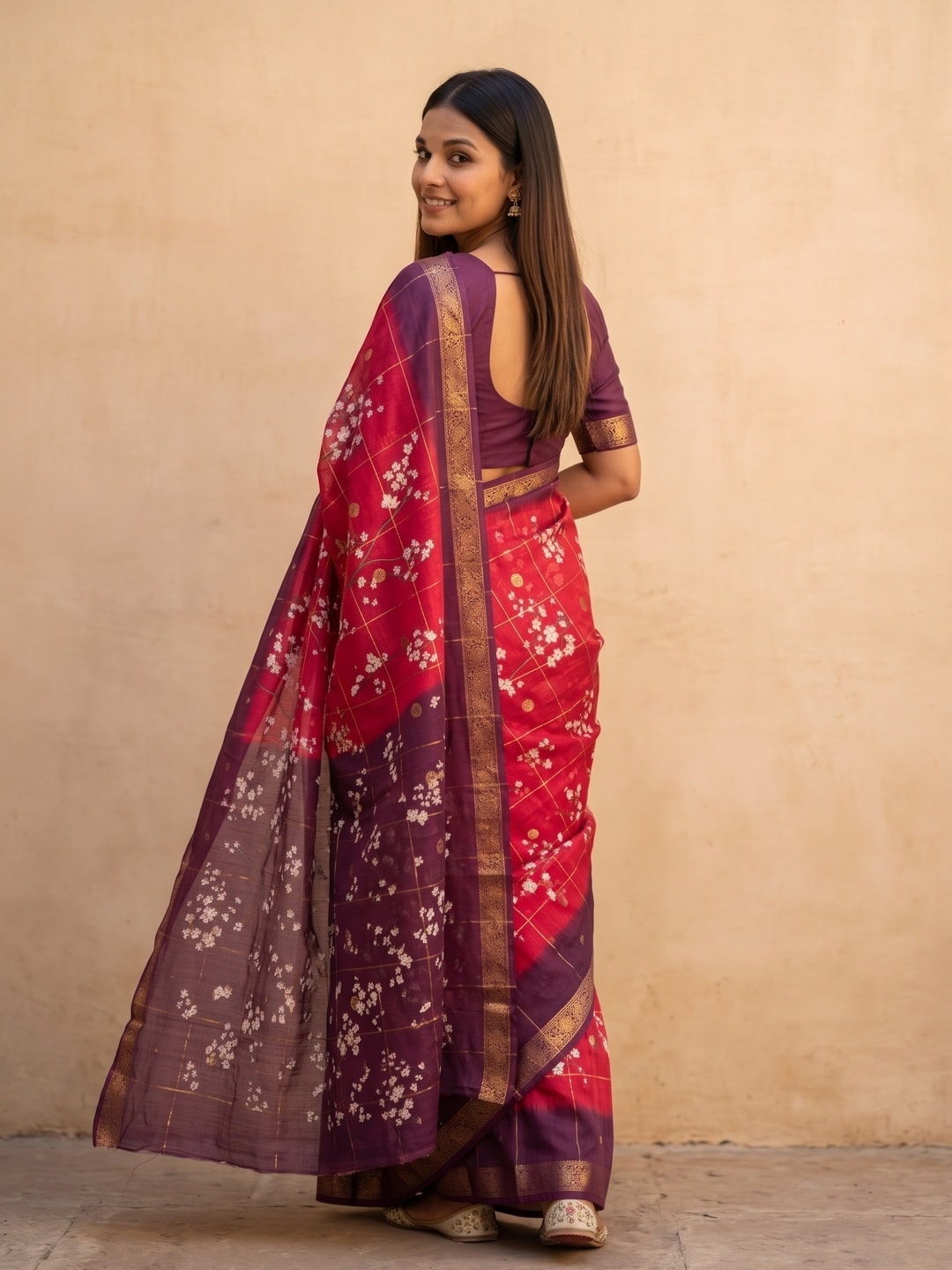 Peachmode Red Soft Cotton Chex Butti Zari Jacquard Saree With Silky Floral Print - Image 2
