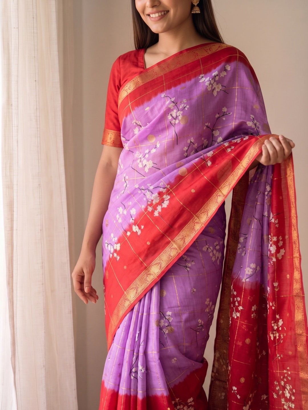 Peachmode Lilac Soft Cotton Chex Butti Zari Jacquard Saree With Silky Floral Print - Image 5