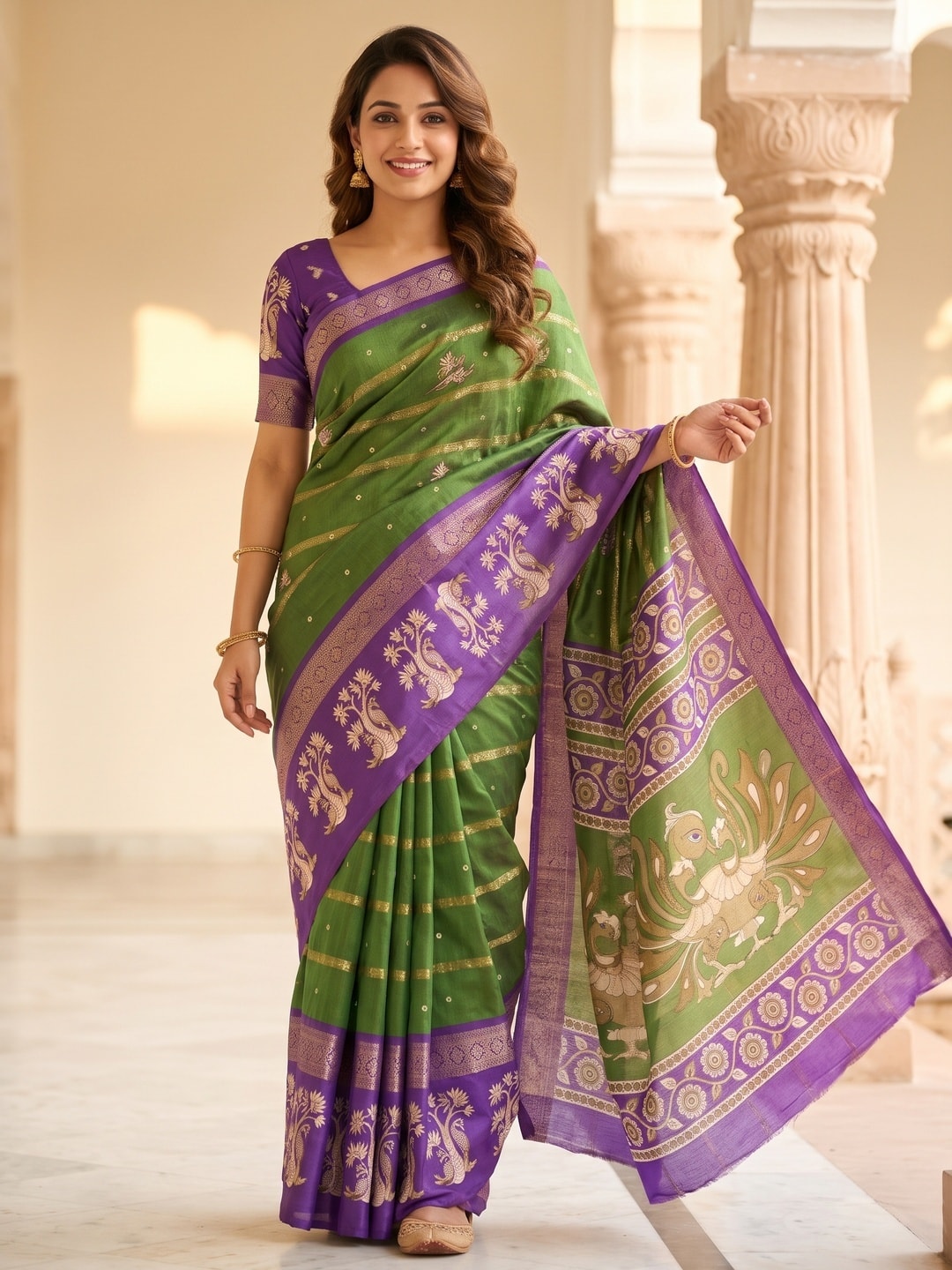 Peachmode Green Soft Cotton Bentex Zari Jacquard Saree With Kalamkari Peacock Design - Image 1