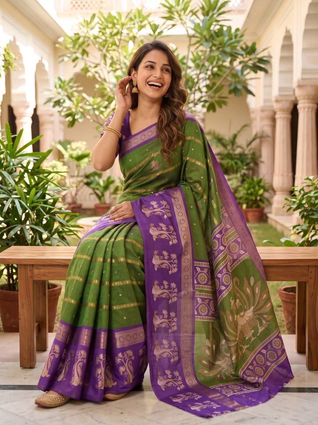 Peachmode Green Soft Cotton Bentex Zari Jacquard Saree With Kalamkari Peacock Design - Image 4