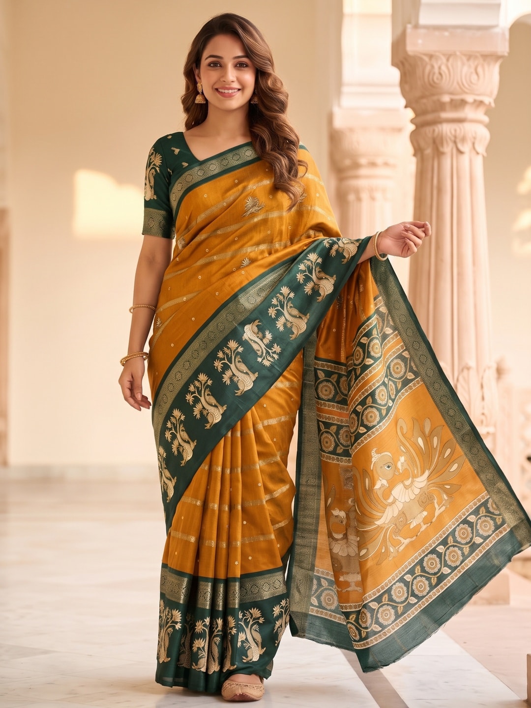 Peachmode Mustard Soft Cotton Bentex Zari Jacquard Saree With Kalamkari Peacock Design - Image 1