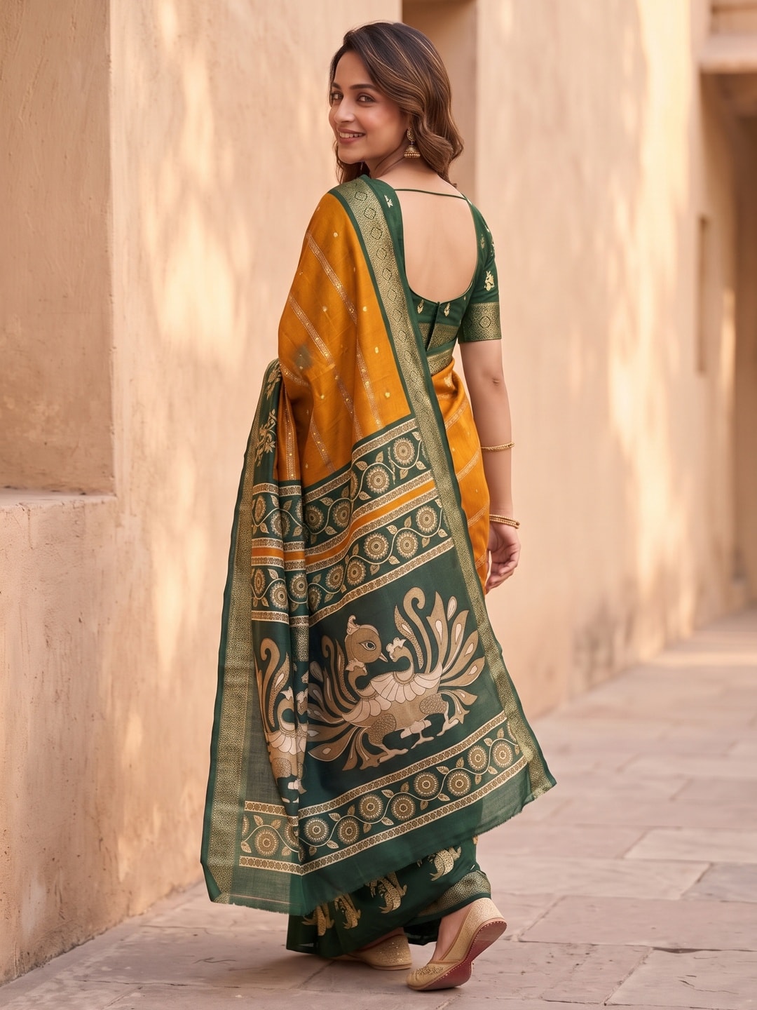 Peachmode Mustard Soft Cotton Bentex Zari Jacquard Saree With Kalamkari Peacock Design - Image 2