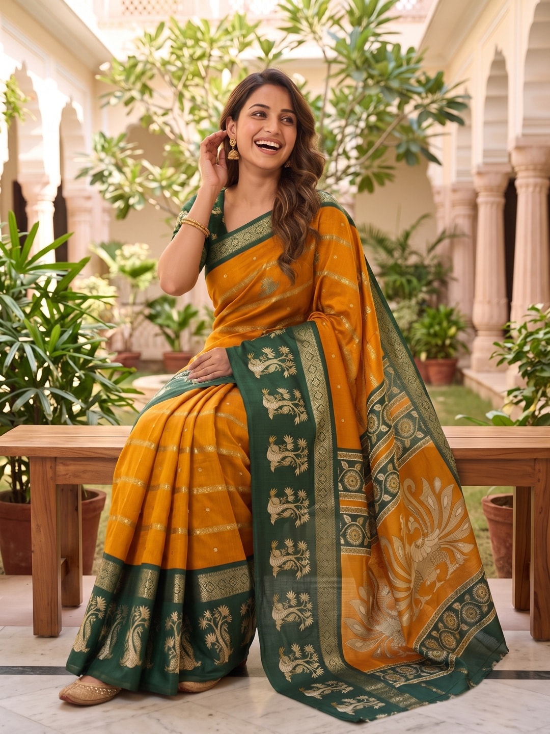 Peachmode Mustard Soft Cotton Bentex Zari Jacquard Saree With Kalamkari Peacock Design - Image 4