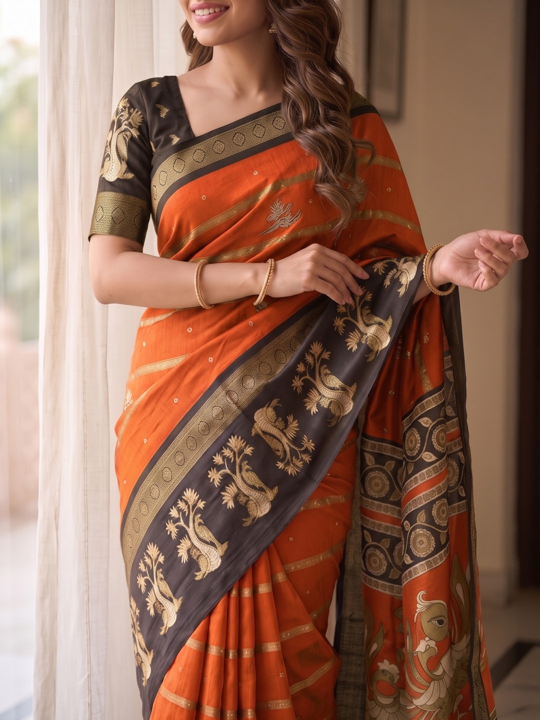 Peachmode Orange Soft Cotton Bentex Zari Jacquard Saree With Kalamkari Peacock Design - Image 5