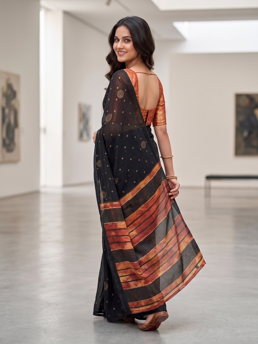 Peachmode Black Soft Moss Georgette Saree With Semi Digital Palav Design And Foil Print - Image 2