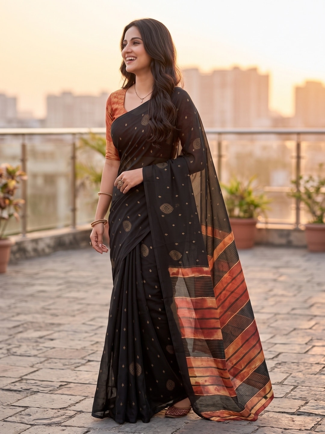 Peachmode Black Soft Moss Georgette Saree With Semi Digital Palav Design And Foil Print - Image 3