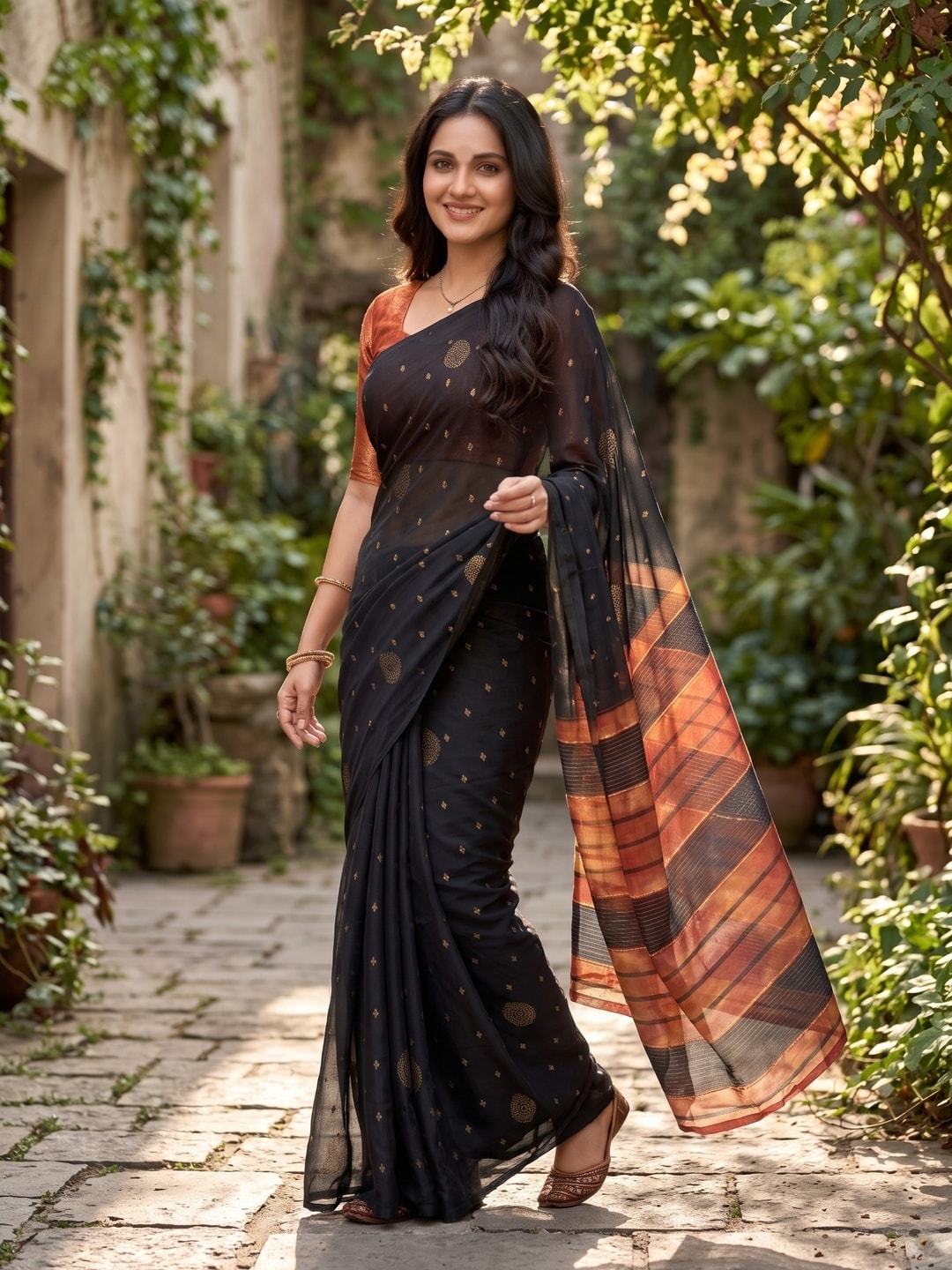 Peachmode Black Soft Moss Georgette Saree With Semi Digital Palav Design And Foil Print - Image 4
