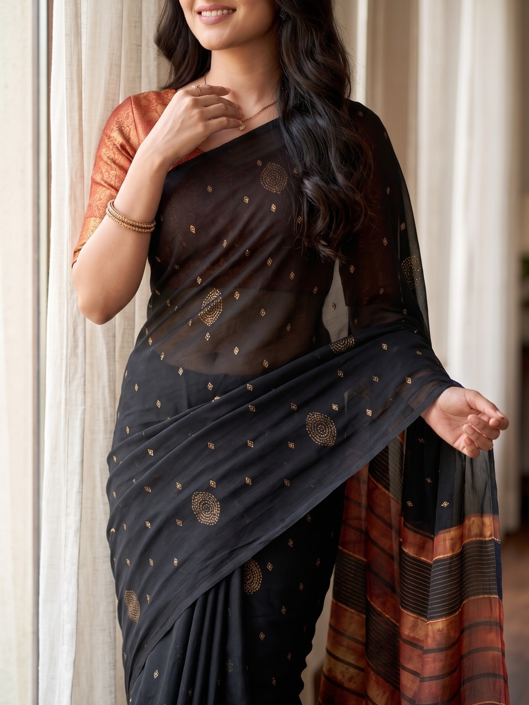 Peachmode Black Soft Moss Georgette Saree With Semi Digital Palav Design And Foil Print - Image 5