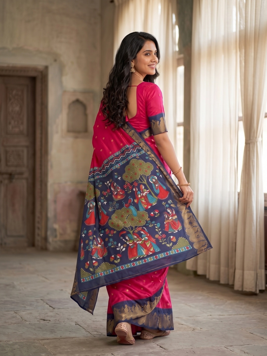 Peachmode Rani Soft Cotton Zari Jacquard Saree With Temple Border And Kalamkari Pallu - Image 2