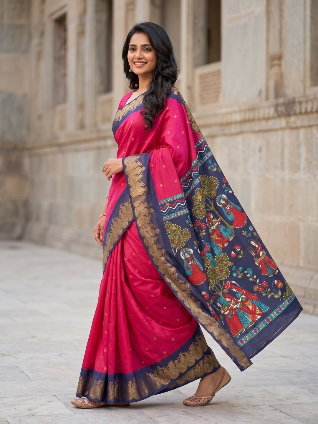 Peachmode Rani Soft Cotton Zari Jacquard Saree With Temple Border And Kalamkari Pallu - Image 3