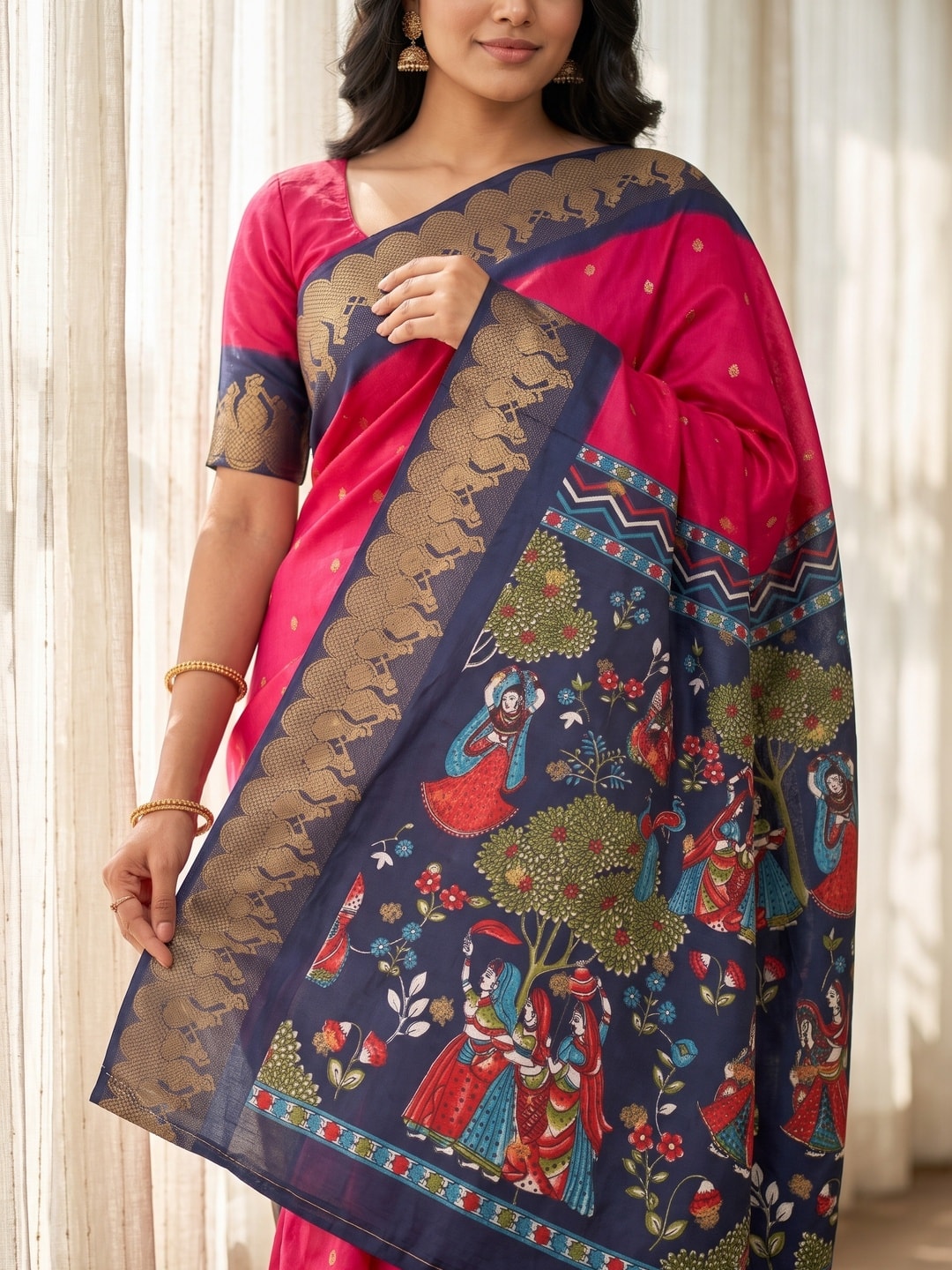 Peachmode Rani Soft Cotton Zari Jacquard Saree With Temple Border And Kalamkari Pallu - Image 5