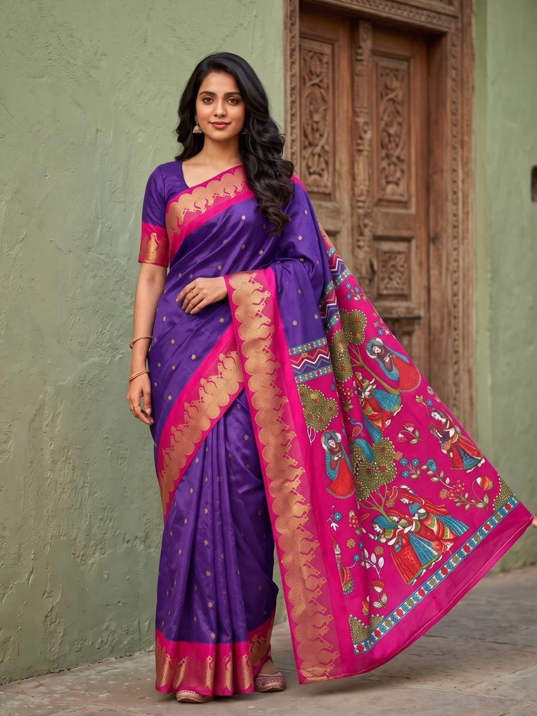 Peachmode Purple Soft Cotton Zari Jacquard Saree With Temple Border And Kalamkari Pallu - Image 1