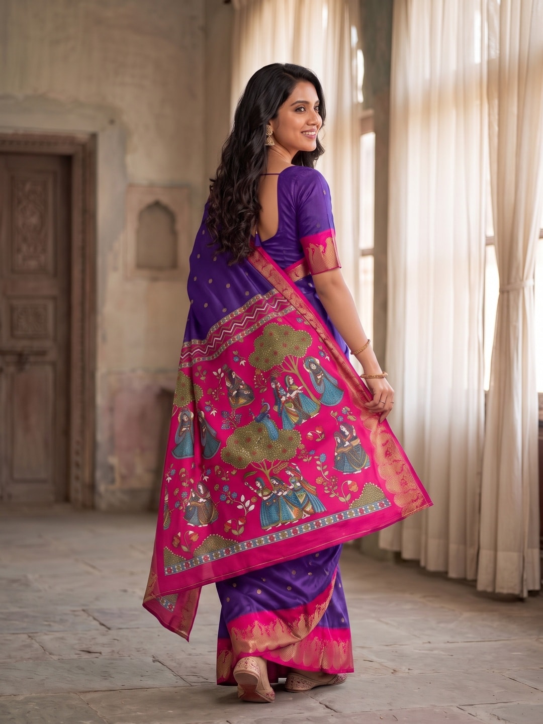 Peachmode Purple Soft Cotton Zari Jacquard Saree With Temple Border And Kalamkari Pallu - Image 2