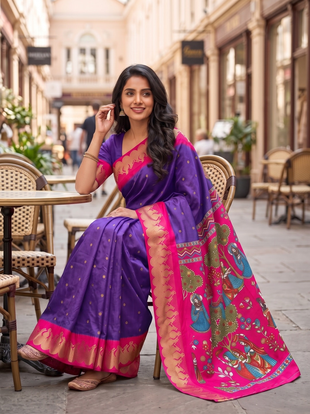 Peachmode Purple Soft Cotton Zari Jacquard Saree With Temple Border And Kalamkari Pallu - Image 4