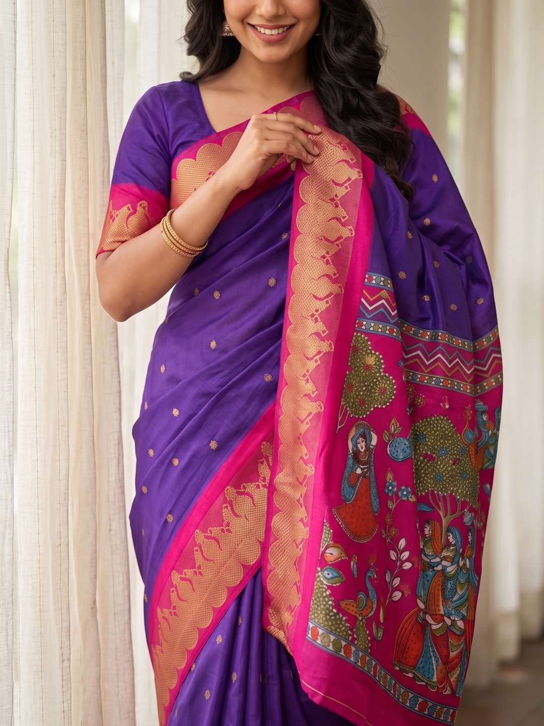 Peachmode Purple Soft Cotton Zari Jacquard Saree With Temple Border And Kalamkari Pallu - Image 5