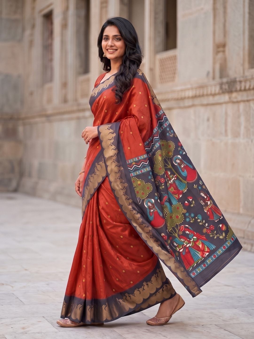 Peachmode Orange Soft Cotton Zari Jacquard Saree With Temple Border And Kalamkari Pallu - Image 3
