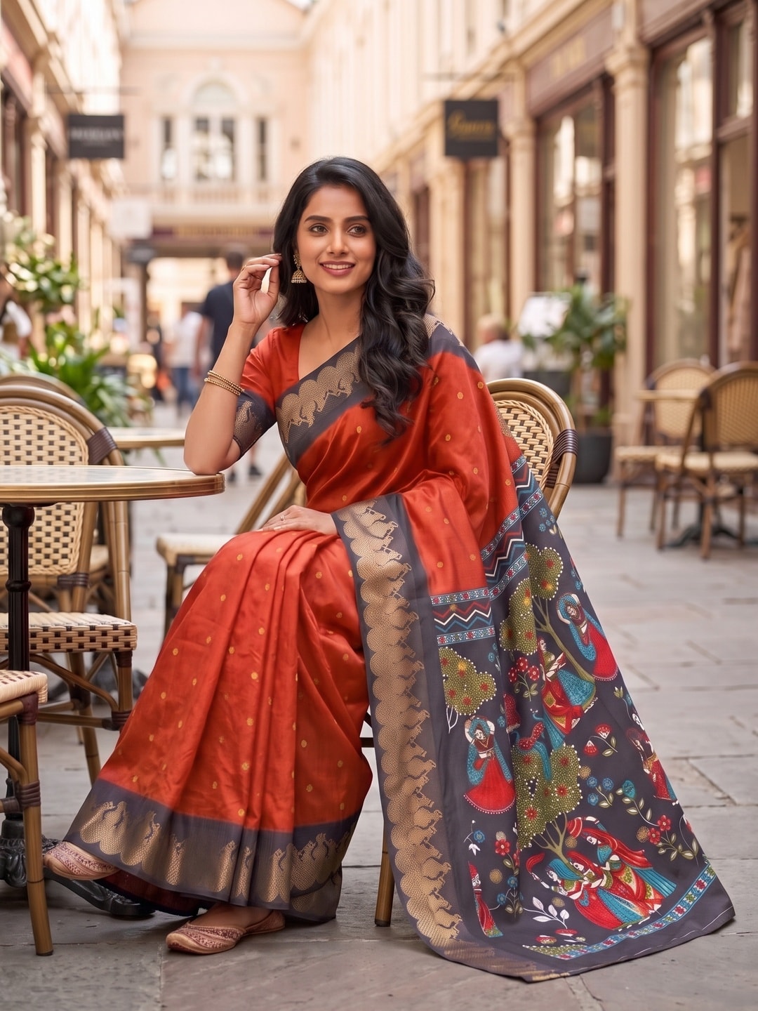 Peachmode Orange Soft Cotton Zari Jacquard Saree With Temple Border And Kalamkari Pallu - Image 4