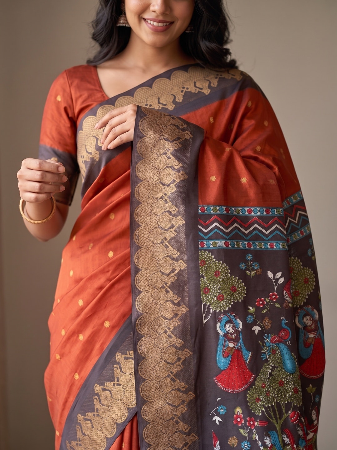 Peachmode Orange Soft Cotton Zari Jacquard Saree With Temple Border And Kalamkari Pallu - Image 5